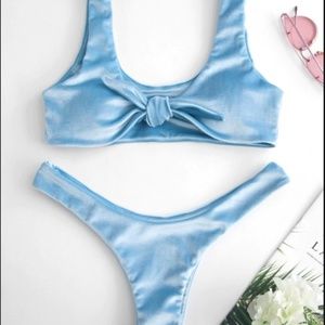 ZAFUL Tie Front Velvet Bikini Set - Light Blue L